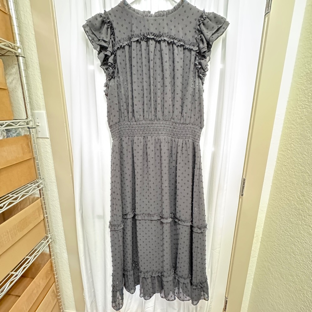 CeCe Black Clip Dot Ruffle Midi Dress Plus Size 1X Smocked Waist Flutter Sleeve